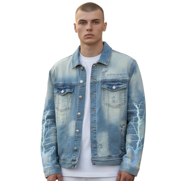 Mackeen Mens Venice Distressed Thunder Rhinestones Thunder Blue Jacket Small NWT - Picture 1 of 12